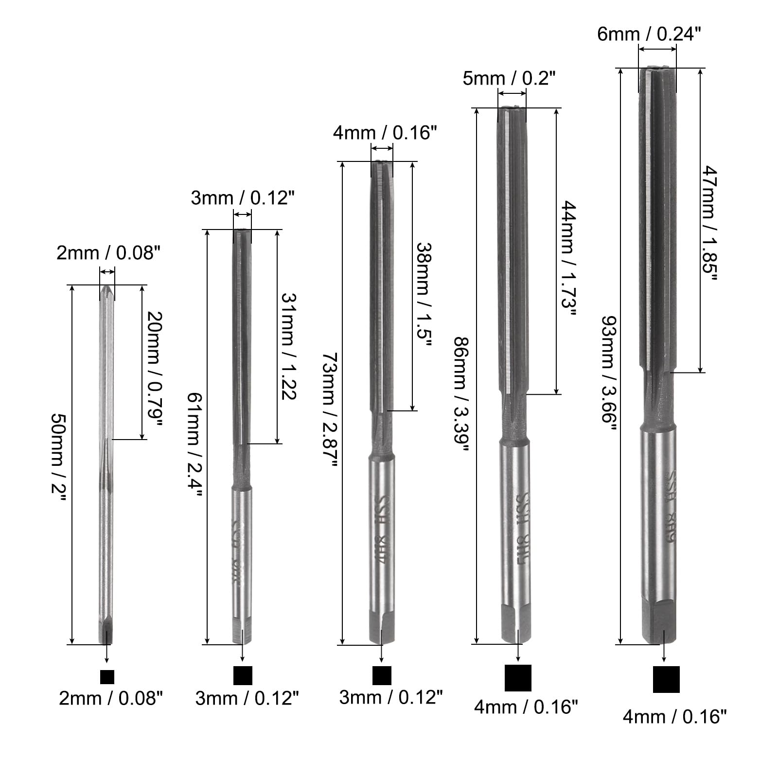 sourcing map Set di 9 alesatori manuali da 2 mm, 3 mm, 4 mm, 5 mm, 6 mm, 7 mm, 8 mm, 9 mm, 10 mm, H8, in lega di acciaio, per alesatura di fori in metallo e legno
