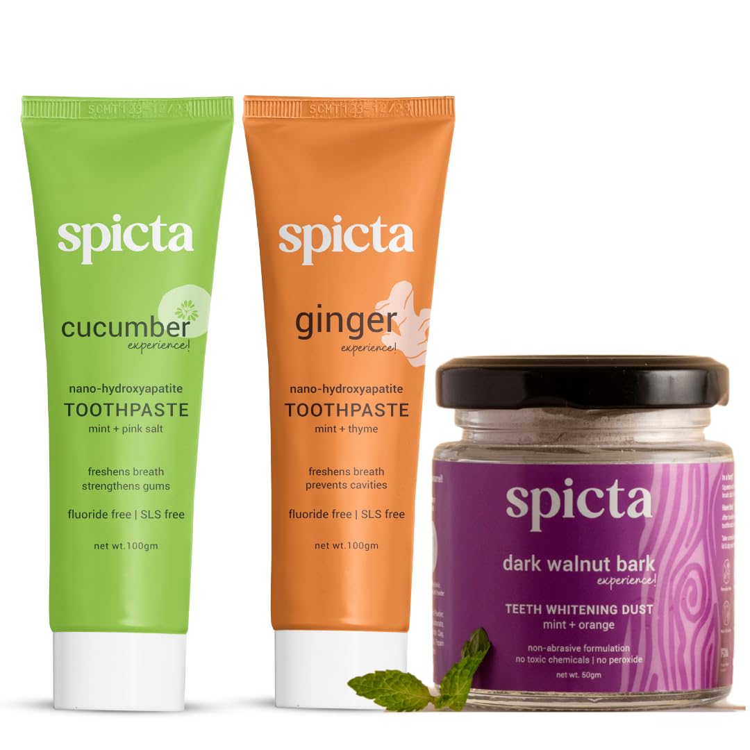 Spicta Cucumber Mint Natural Hydroxyapatite Toothpaste, Ginger Mint Toothpaste, Walnut Bark Teeth Whitening Powder| No Peroxide, No Alcohol, Fluoride Free, SLS Free for Adults & Kids, Pack of 3 (B0CB6FXF58) Amazon Price History, Amazon Price Tracker