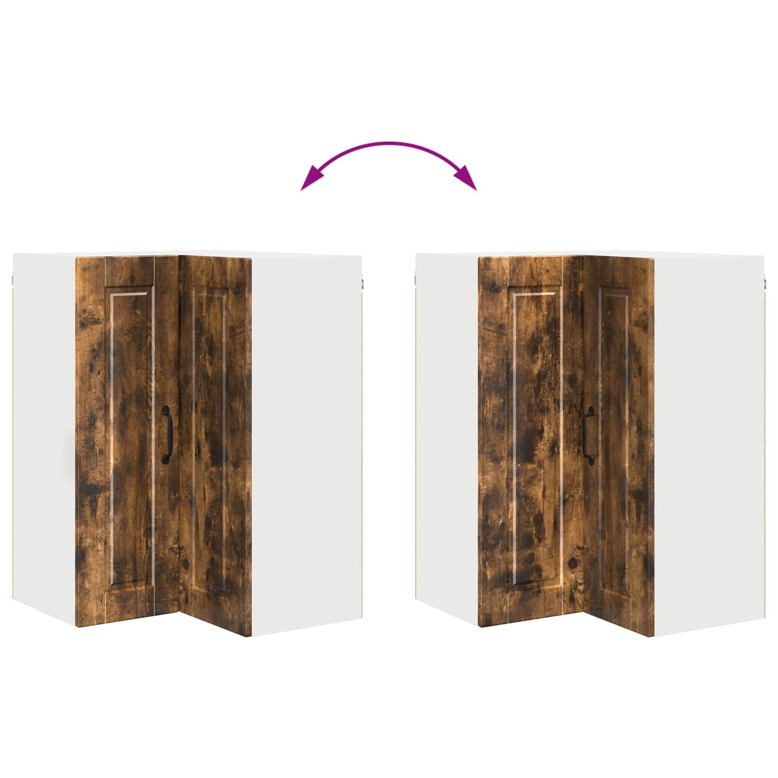 Armario esquinero Porto de pared de roble ahumado, 57 x 57 x 80 cm, 2 puertas, 3 estantes, armario colgante, armario de cocina, armario de almacenamiento