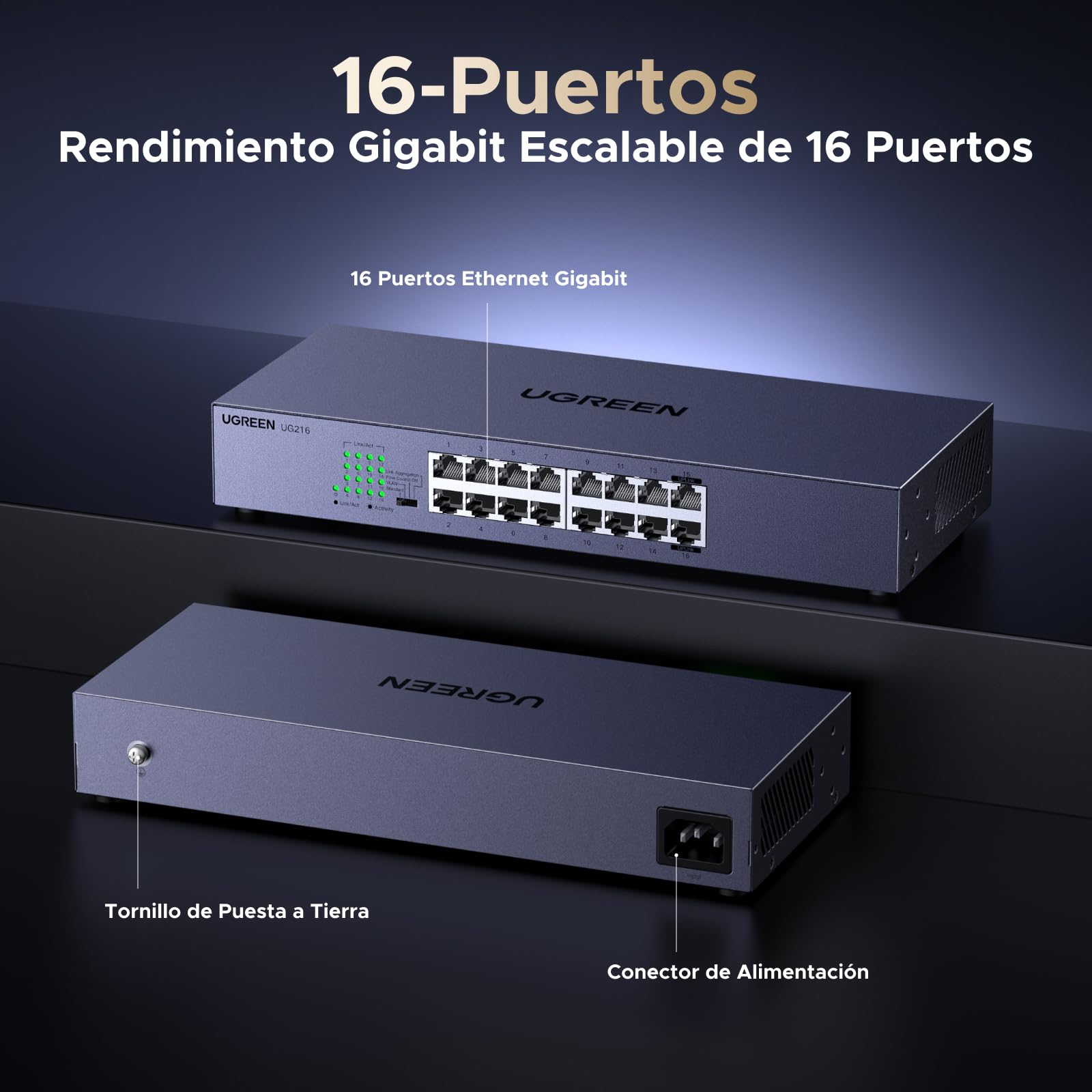 UGREEN Switch Ethernet Gigabit 16 Puertos Montaje en Sobremesa o Pared | Ethernet 1000Mbps Hub Red LAN Splitter para Oficina y Hogar Multipuerto RJ45 Compatible con PC TV Impresora Cámara Router