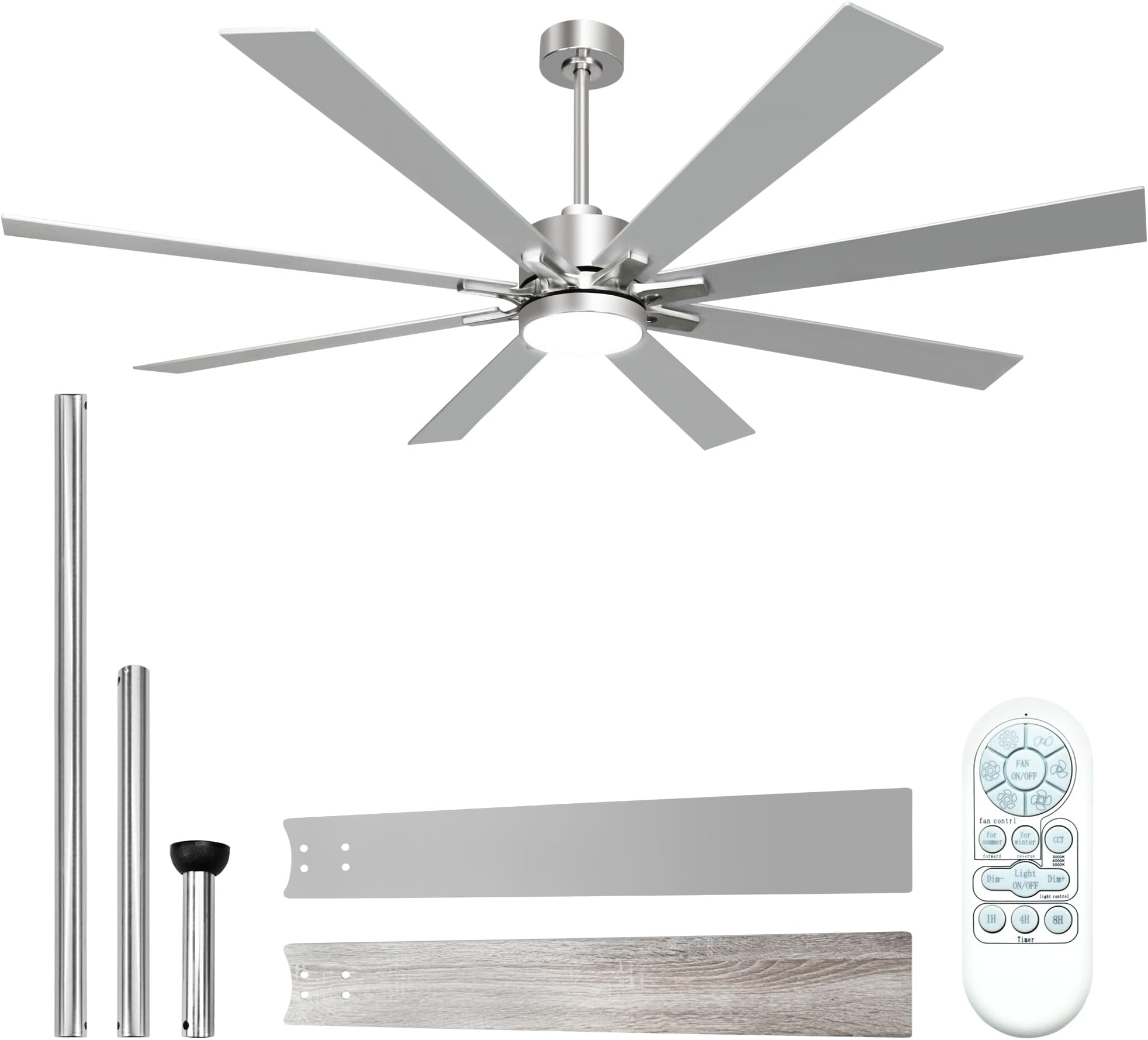- 62 Inch Ceiling Fans with Lights and Remote Control, Low Profile & Downrod Mount 8-Blade Modern Nickel Ceiling Fan, 3CCT Dimmable LED Light, Quiet DC Motor for Bedroom Living Room, ETL Listed