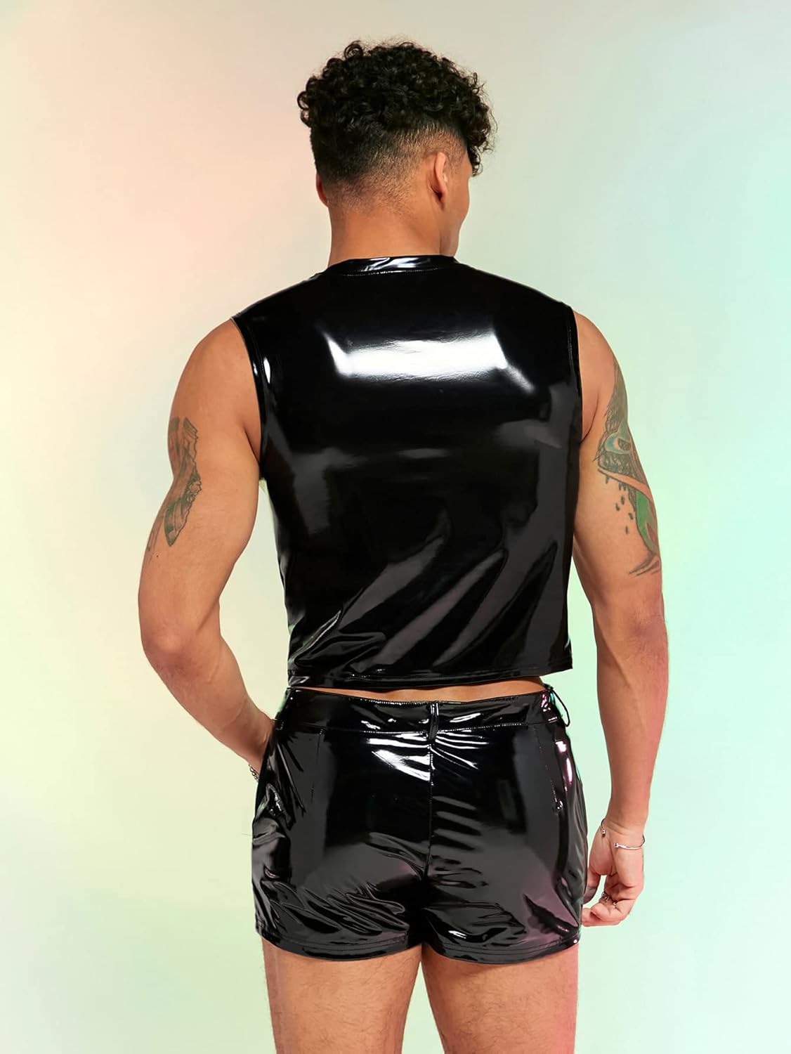 WDIRARA Men's 2 Piece Outfit Pu Leather Cut Out Sleeveless Crop Tank Top and Shorts with Pocket