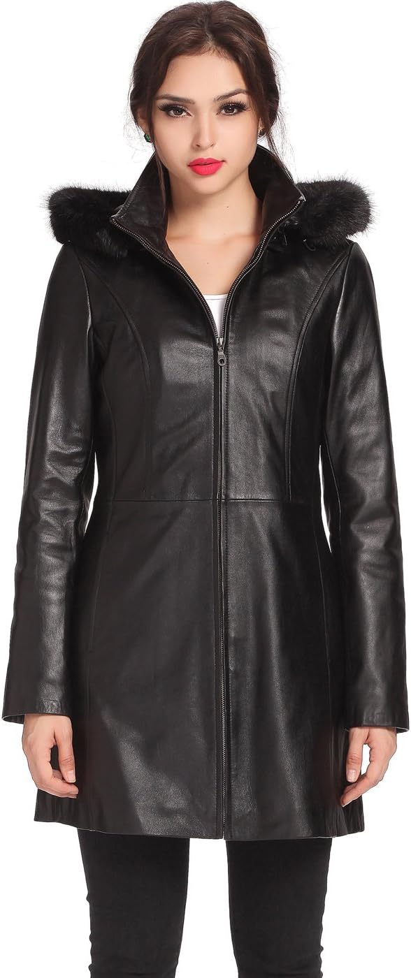 BGSD Women Irene Hooded Lambskin Leather Parka Coat (Also available in Plus Size & Petite)