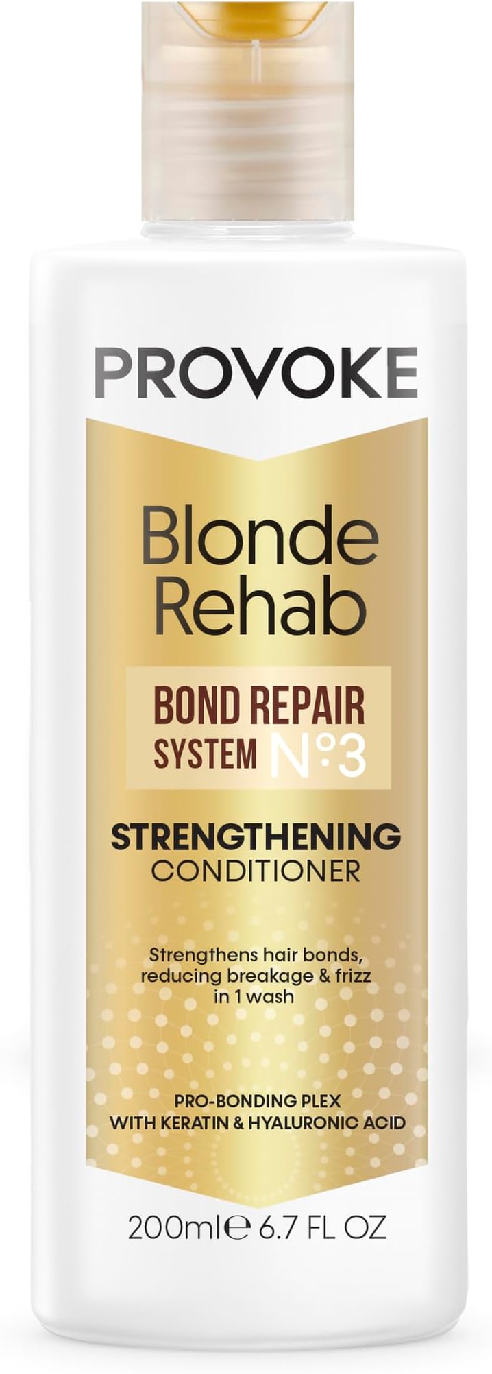 PROVOKE Blonde Rehab N0'3 Bond Repair Strengthening Conditioner 200 ml, Reduces Breakage and Frizz in 1 Wash Formulated with a Pro Bonding Complex, Keratin and Hyaluronic Acid, for Damaged Hair,