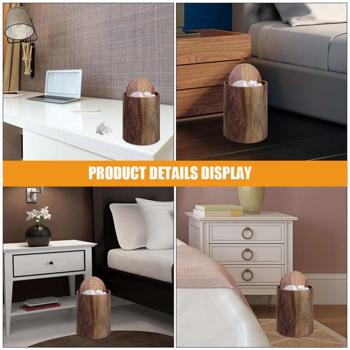 15l Plastic Waste Bucket with Swing Lid, Round Kitchen Trash Can in Imitation Wood Grain, Reusable and Easy to Use, for Bedrooms and Other Room