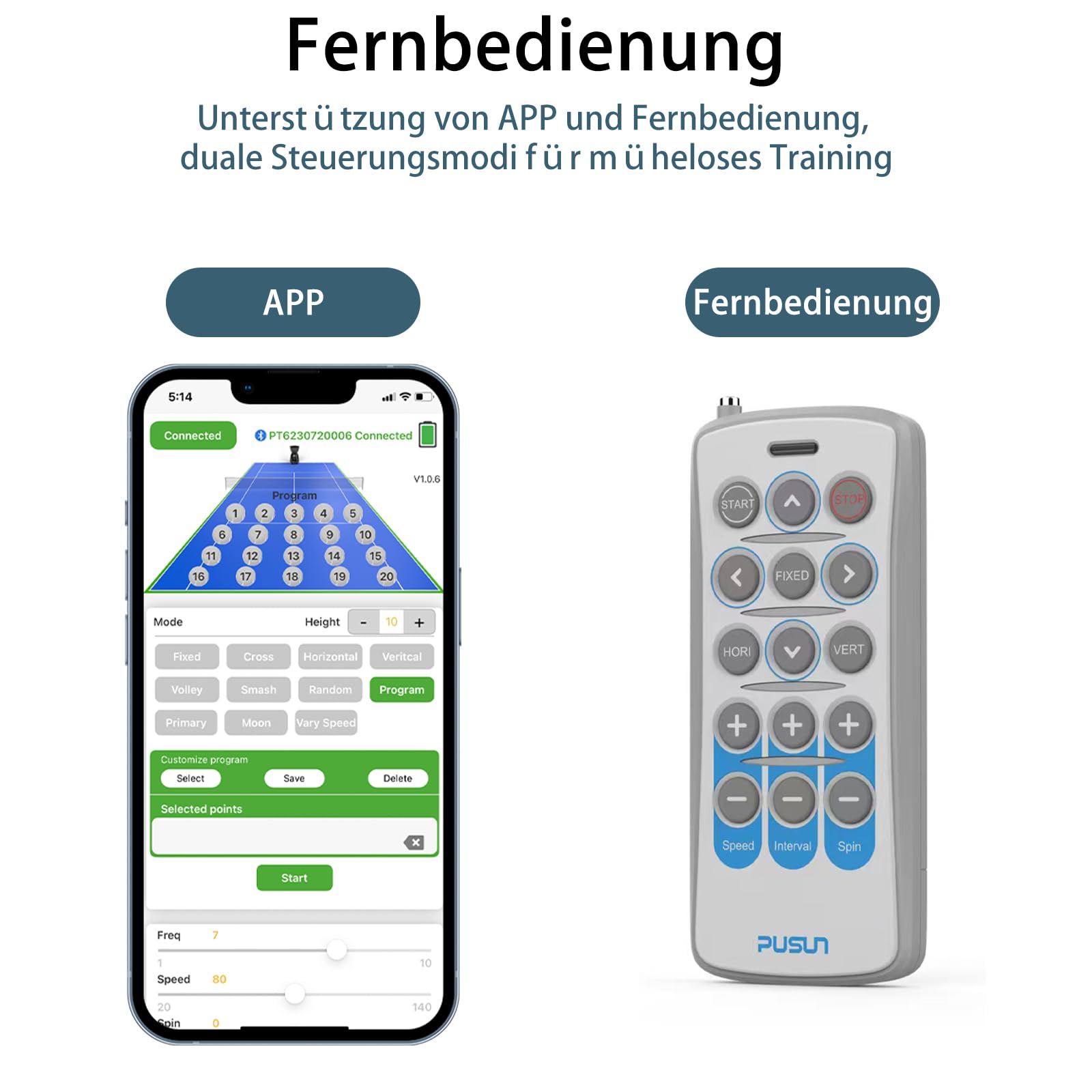 PUSUN PT-SMART Tennisballmaschine - Profi Ballwerfer mit APP-Steuerung (App für Apple Watch), 20 Landepunkte & 12 Modi, Smart Tennis Trainer für alle Spielniveaus (4-6 Std. Laufzeit)