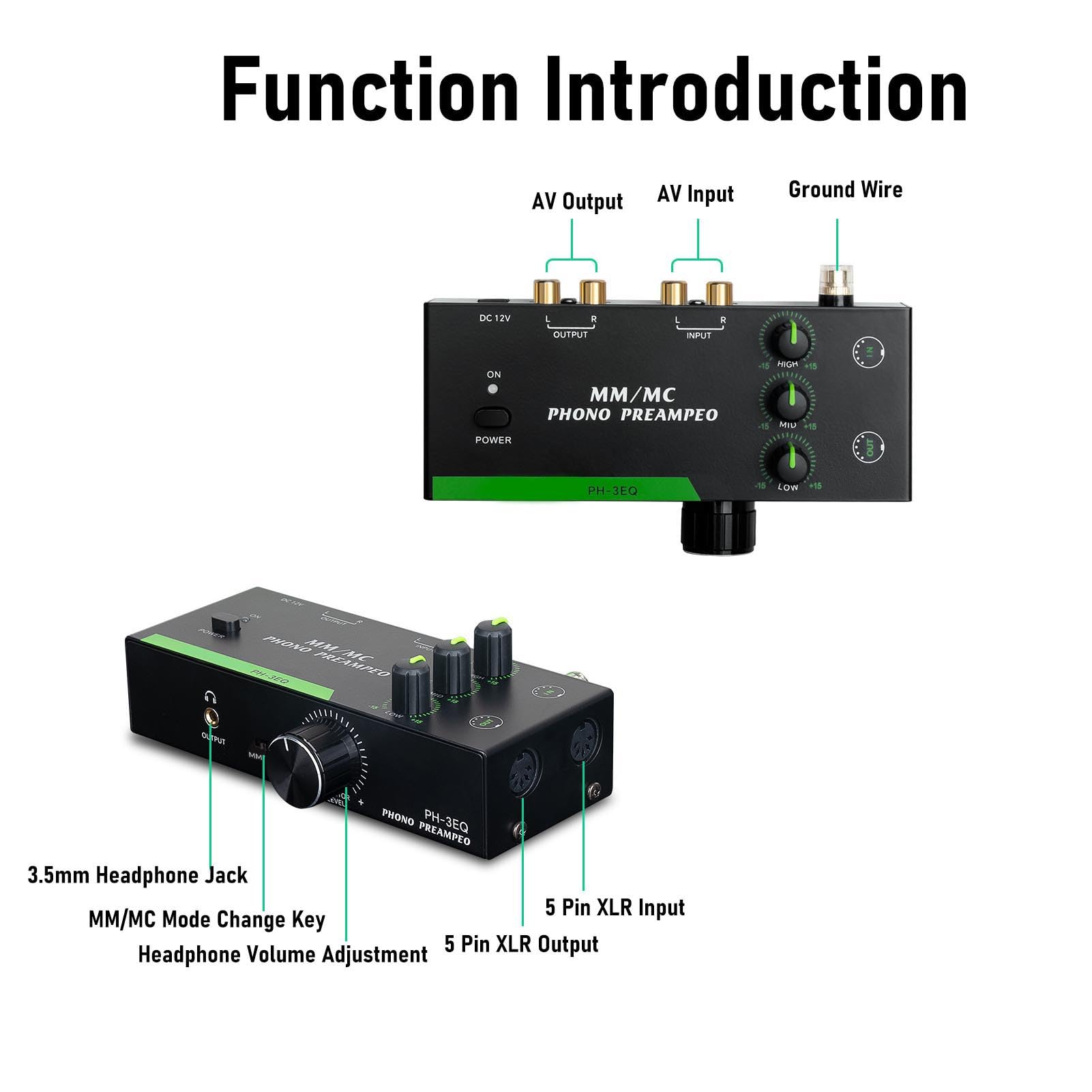Préampli Phono avec réglage 3 Bandes, amplificateur Phono MM MC pour Tourne-Disque, entrée Sortie XLR préamplificateur pour Platine Vinyle pour système Audio Domestique Audiophile