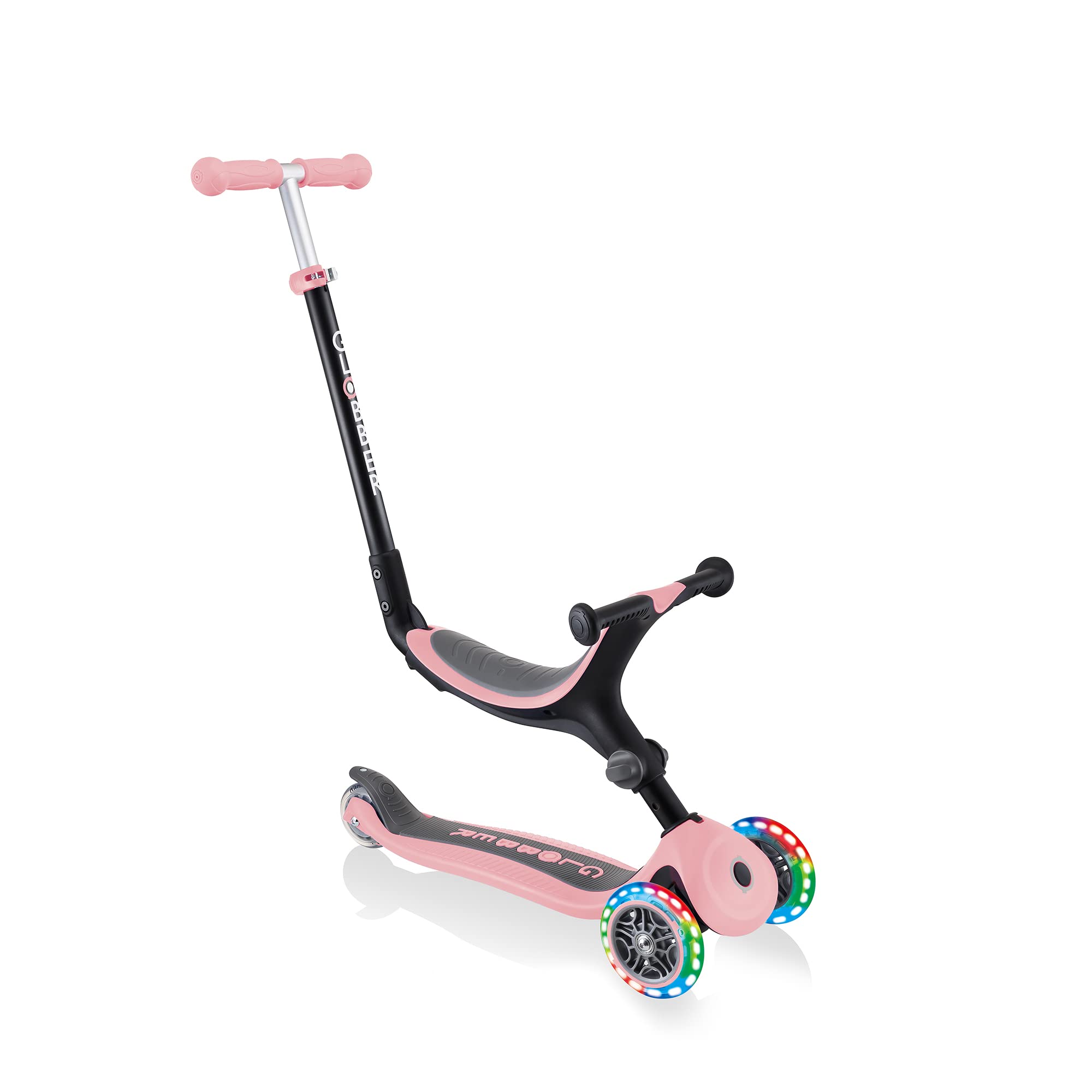 GlobberGo Up Foldable 3 Wheel Folding Scooter and Ride On with Light Up Wheels - 15 Months to 7 Years, Kids Toddler Scooter for Boys and Girls with Removable seat 2 Year Warranty
