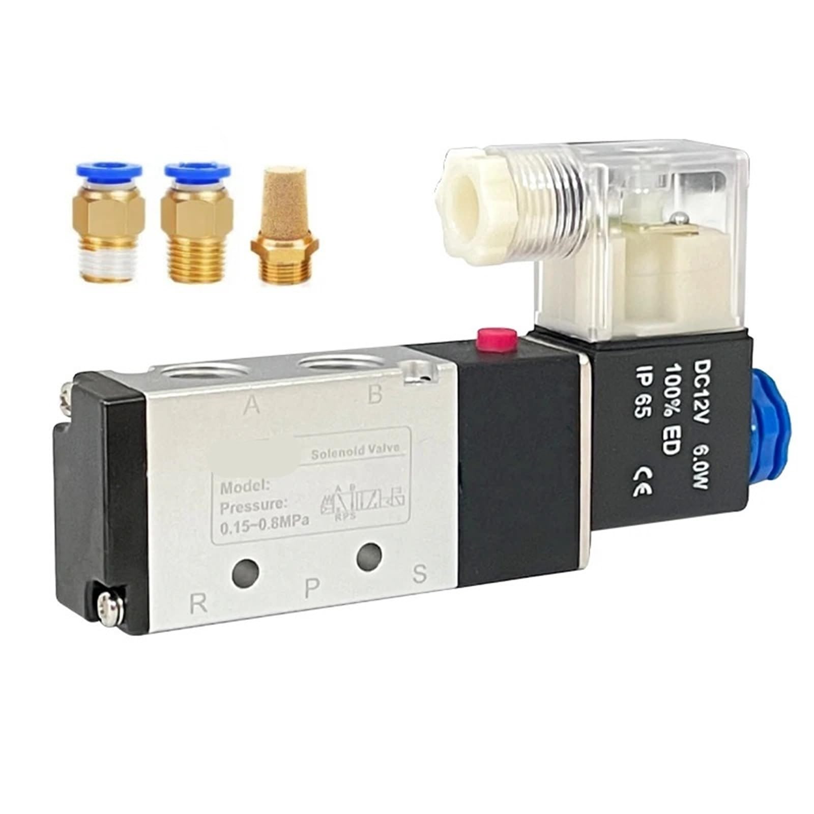 Válvula solenoide neumática de control de aire con conexiones de 4mm y bobina de 24V