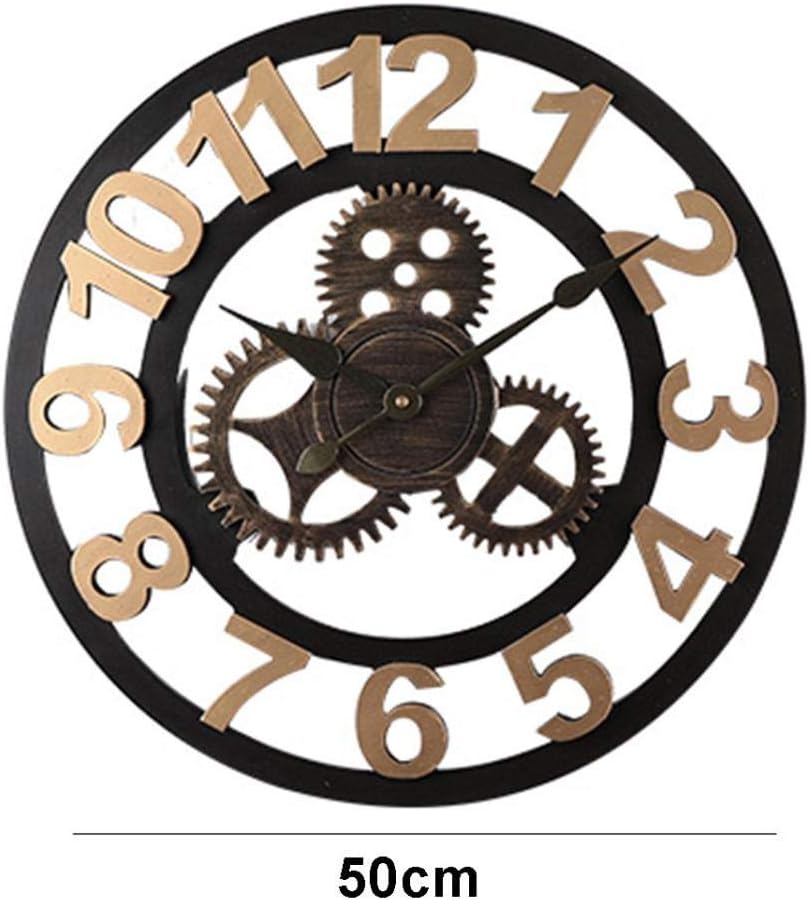 Outdoor Wall Clock Weatherproof Mute Garden Wall Clocks Outdoor 20 Inch Outside Clocks for Garden Easy to Read Big Numbers Retro 3D Gear Industrial Wind Suitable for Courtyard Decoration (B)
