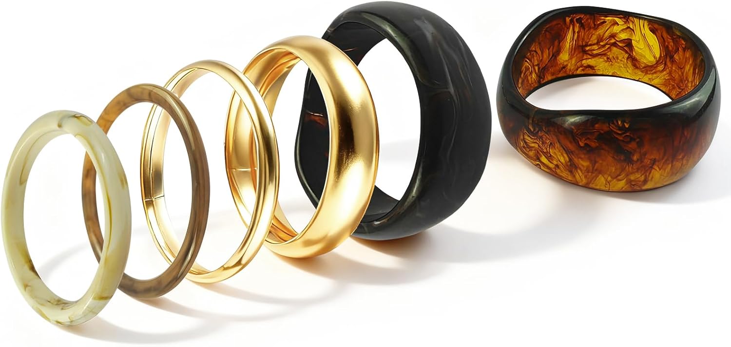 6 Pcs Chunky Bangle Bracelet Set for Women, Stackable Acrylic Resin and Metal Bracelets in Vintage Brown & Beige Tones Fashion Thick Wide Irregular Bangle Jewelry Gift for Daily Wear and Holidays