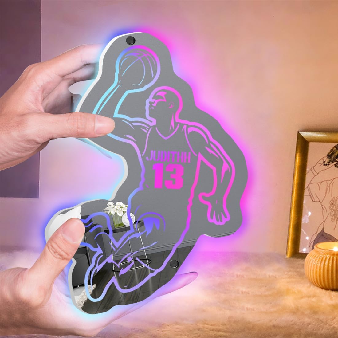 Personalized Man Basketball Mirror Wall Art LED Light Custom Basketball Name Number Mirror Sign Player Lover Sign Home Decor Kid Boy Girl Nursery Decoration Birthday Christmas