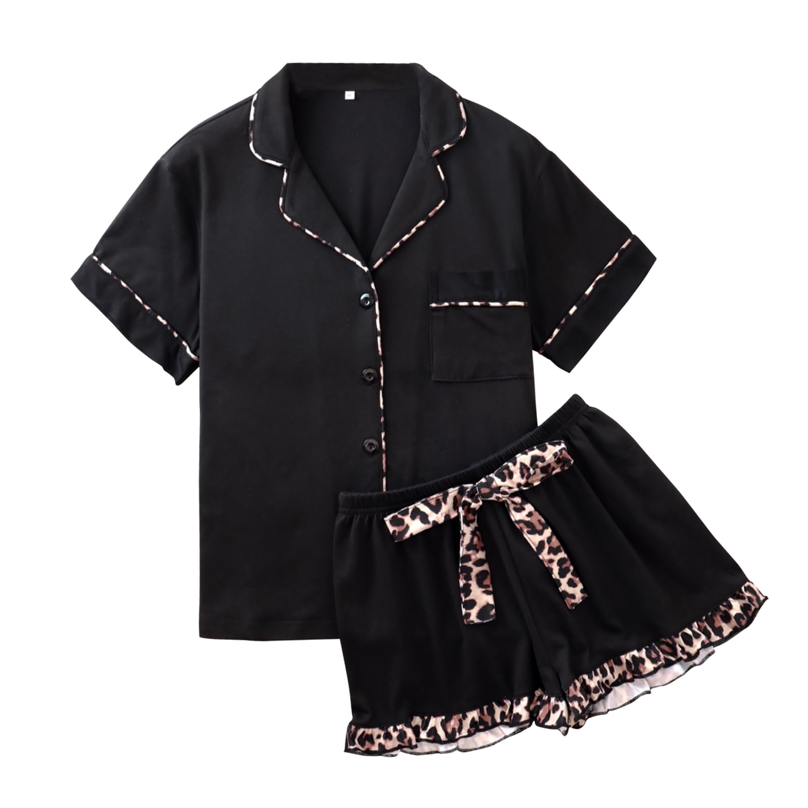 RONGTAI Damen Pyjama Set mit Leopardenmuster Button-Down-Kragen 2-teilig Sommer-Pyjama Shorts-Set Nachtwäsche Loungewear S-XL