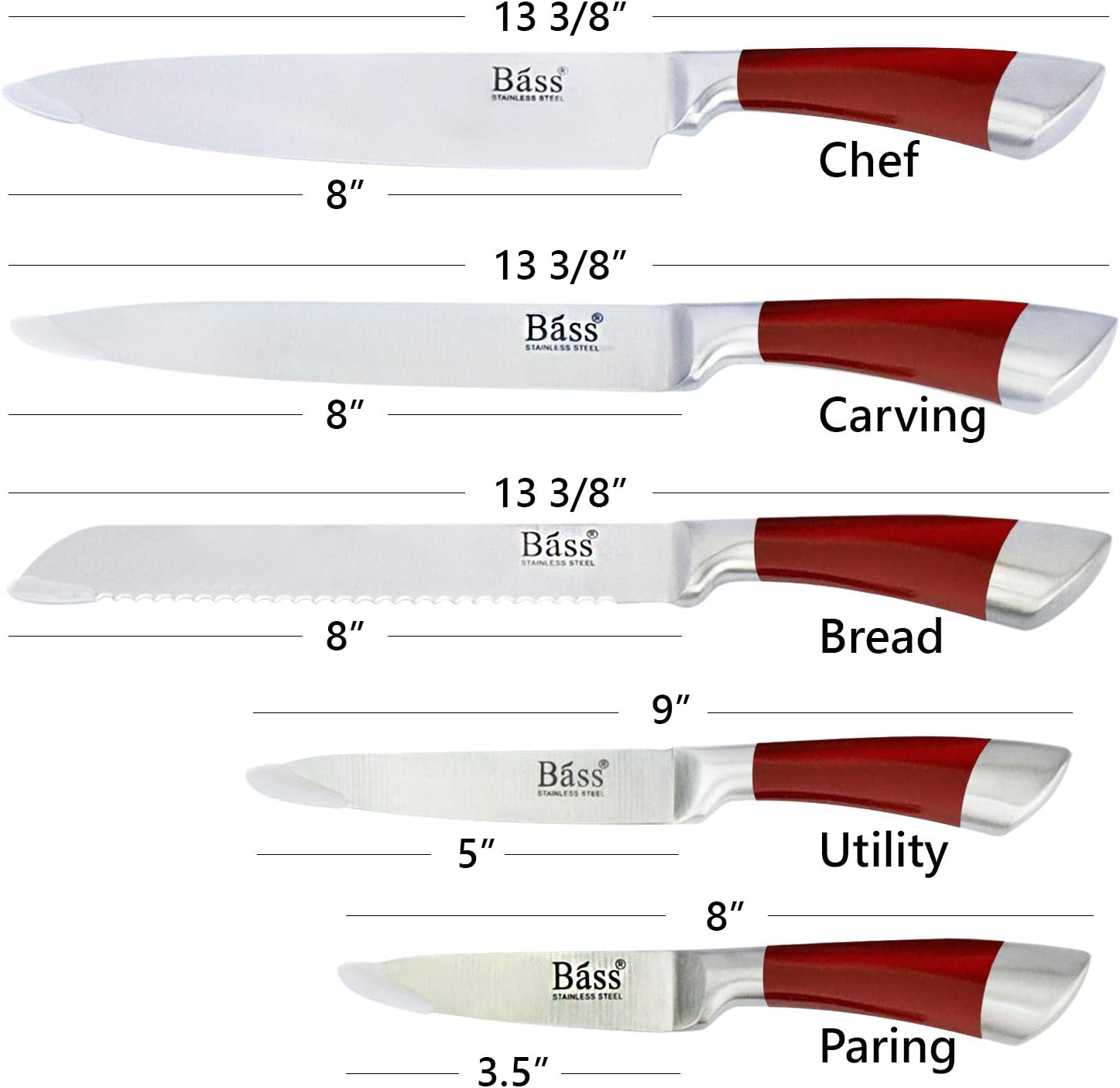 Evelyne GMT-10031 Stainless Steel Kitchen Knife Set with Red Handle Hilt, 5 Knives and 1 Pivotable Swivel Holding Block with See-Thru Side