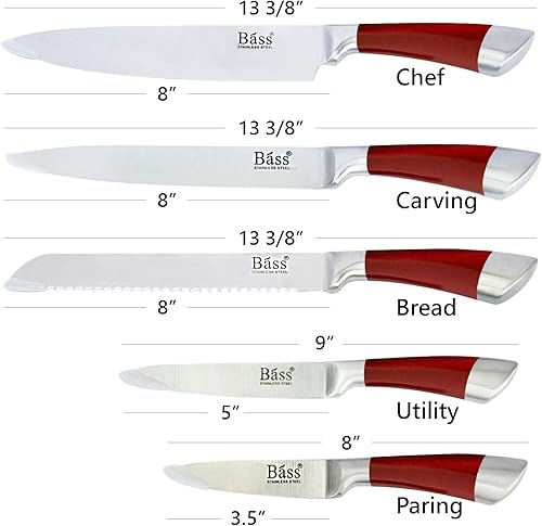 Miniatura 3 de Evelyne GMT-10031 - Juego de cuchillos de cocina de acero inoxidable con mango rojo, 5 cuchillos y 1 bloque giratorio giratorio con lado transparente