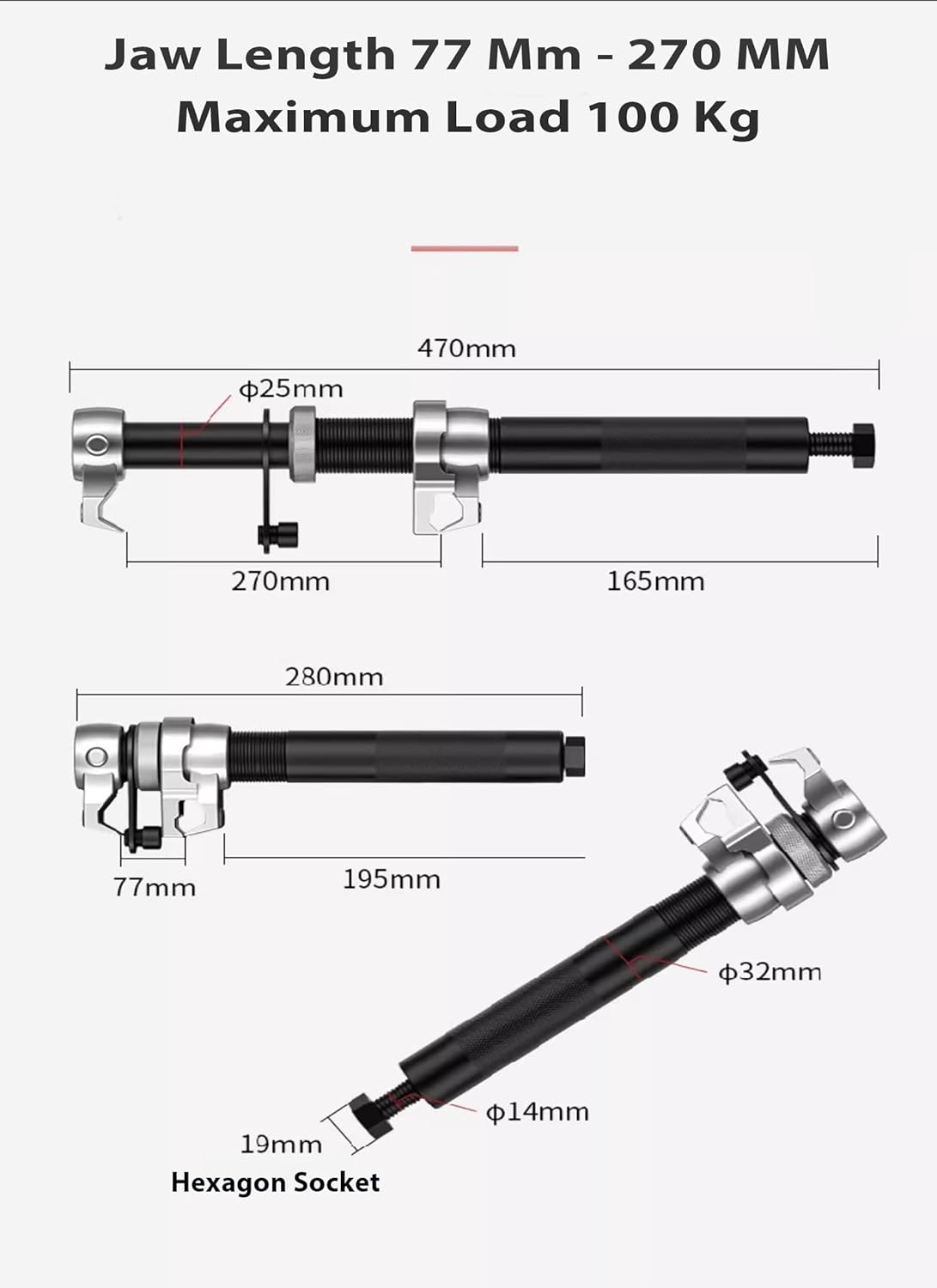 Coil Spring Compressor Tool, Rugged Strut Spring Compressor Tool,Adjustable Bracket Prevents Accidental Release, Wide Jaw Capacity 2.7-10.6in, 1/2in Drive with Detent Pins