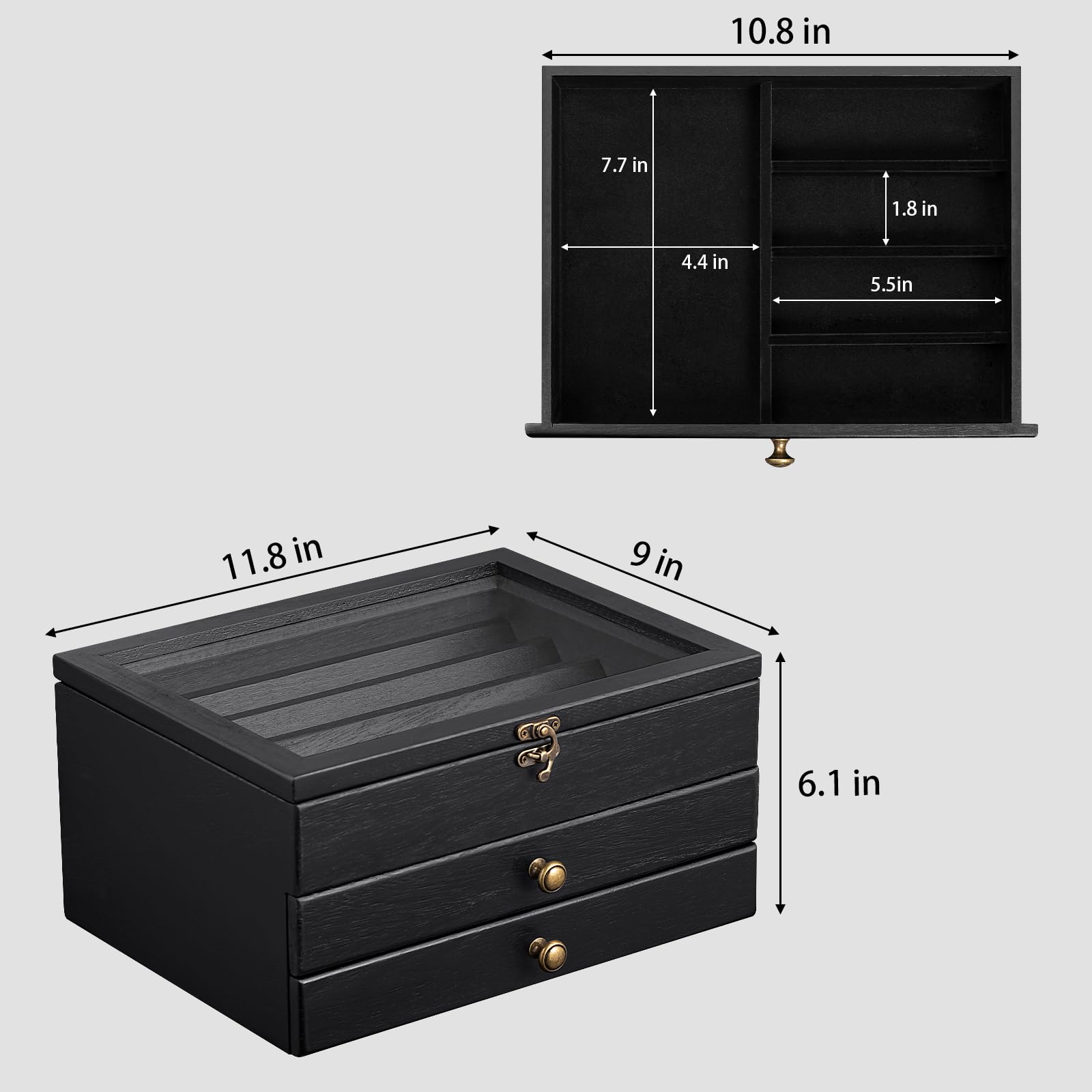 3 Étages Présentoir à Couteaux, Grande Vitrine à Couteaux pour Plusieurs Pliants, Coffret Poignard en Bois avec Tiroir et Vitre Haute Définition, pour Collections, Cadeau （Noir）
