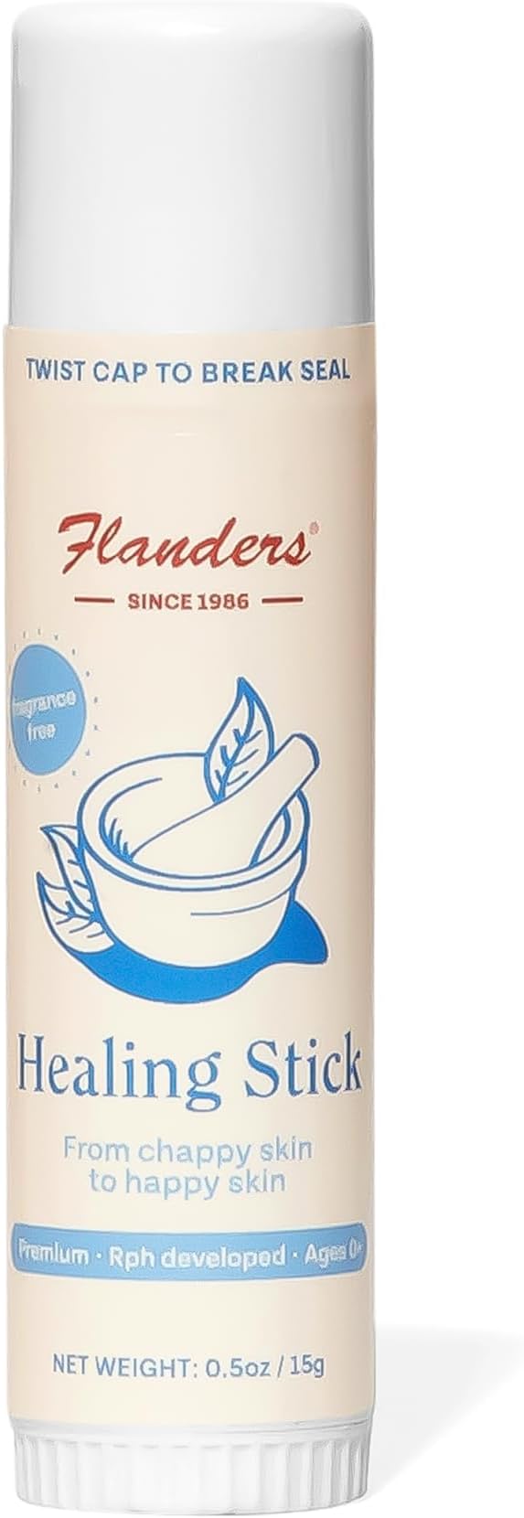 Flanders Healing Balm Stick - Safe for All Ages, Irritated Skin & Lips, Balm, Drool Rash, Raw Cuticles, Windburned Cheeks, Nostrils, Unscented (0.5oz)
