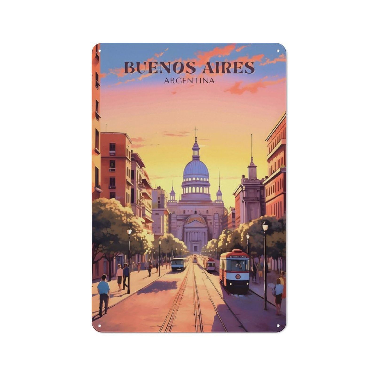 Tin Sign with Buenos Aires Cityscape Design 30x20cm, Understated Studio Wall Plaque for Hobby Room, Office, Lounge Or Living Room