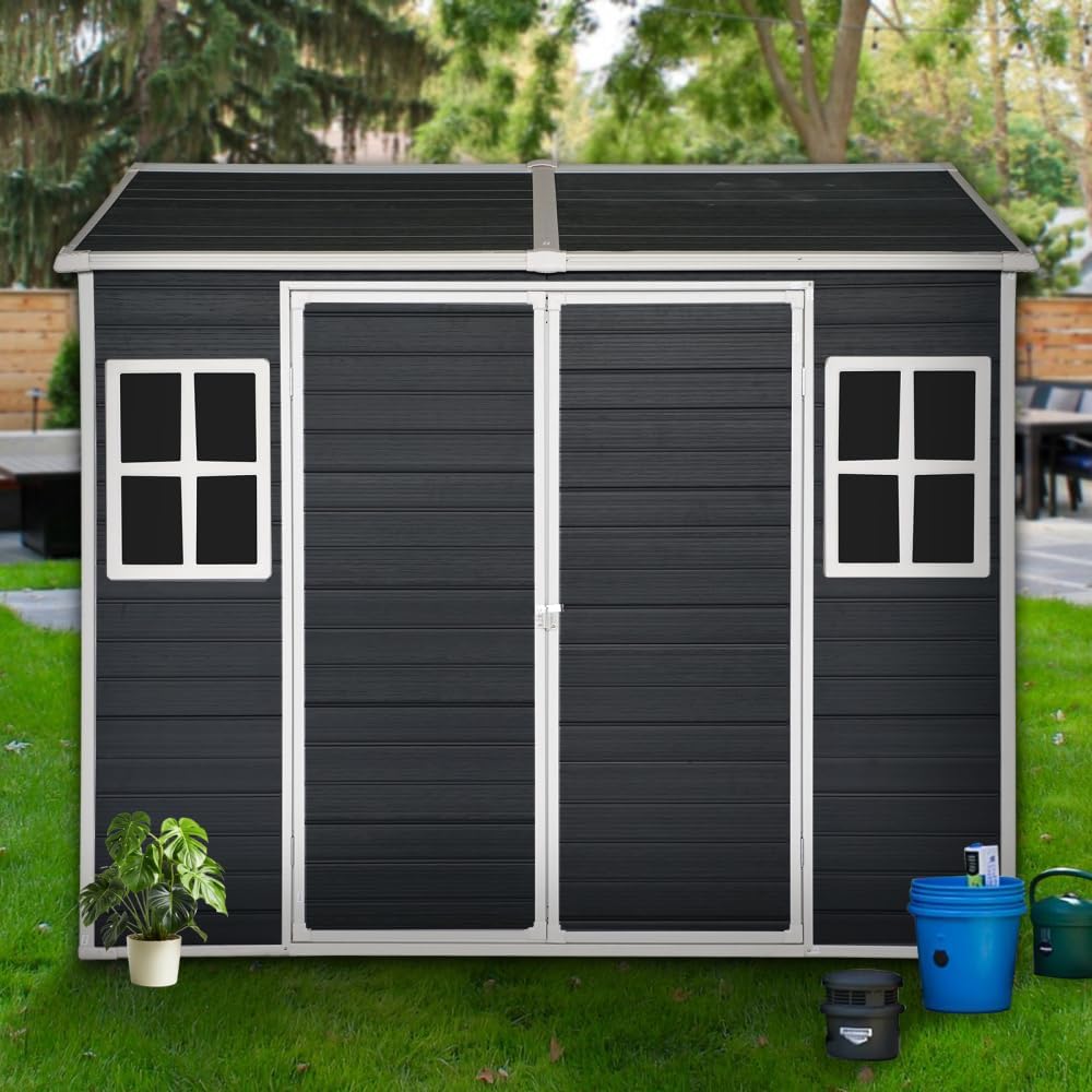 Outdoor Resin Garden Shed with Floor and Windows, Lockable Plastic Storage Shed for Tools Bicycles Trash Cans