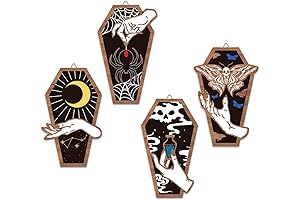 CHDITB Halloween Decoration Wooden Hanging Sign, 4-Pack Spooky Coffin Door Hanger with Witch Hand Spider