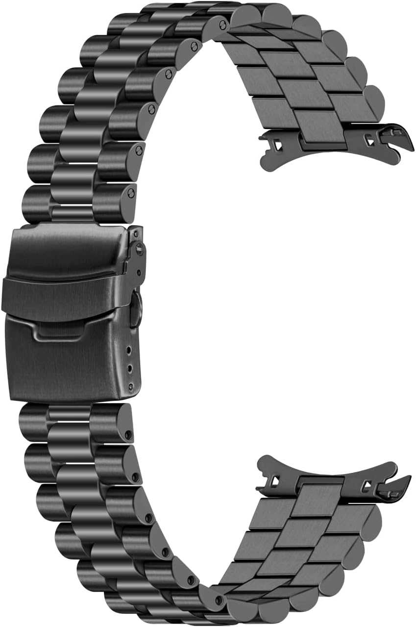 Juntan 20mm 22mm Watch Band Metal Curved Ends Solid Stainless Steel Matte Brushed Half-Moon Links Taper Watch Strap Double Diver Clasp Black and Sliver for Men and Women
