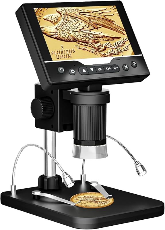 Microscopio digital 1000X, pantalla HD de 5", lupa para monedas y joyas | Luz LED ajustable, tiempo de trabajo de 3 horas, vídeo fotográfico de 12 MP, compatible con tarjeta TF de 4 TB y visualización y transferencia de PC USB para coleccionistas