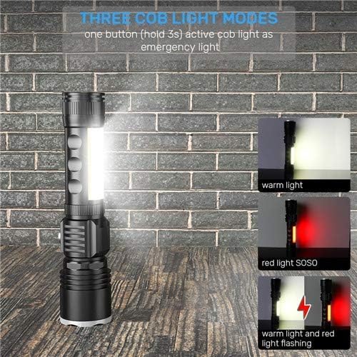 Rechargeable Flashlight, Magnetic Flashlight Built-In Power Bank, Super Bright COB Work Light T6 LED Torch, Zoomable, Water Resistant, 6 Modes for Camping Hiking Emergency