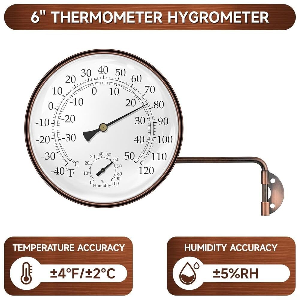 6 Zoll Kupfer Outdoor Thermometer Hygrometer, Wetterfest Analog für Zifferblatt °F/°C Skala Sensor für Garten Terrasse Gewächshaus Garage Wandhalterung