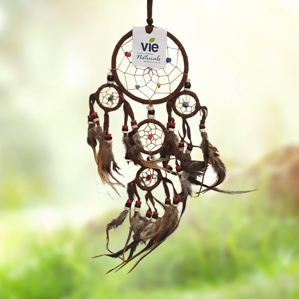 Vie Naturals Dream Catcher with Beads, 9cm Ring with 4 Smaller Rings, Brown, Multicolor - Image 4