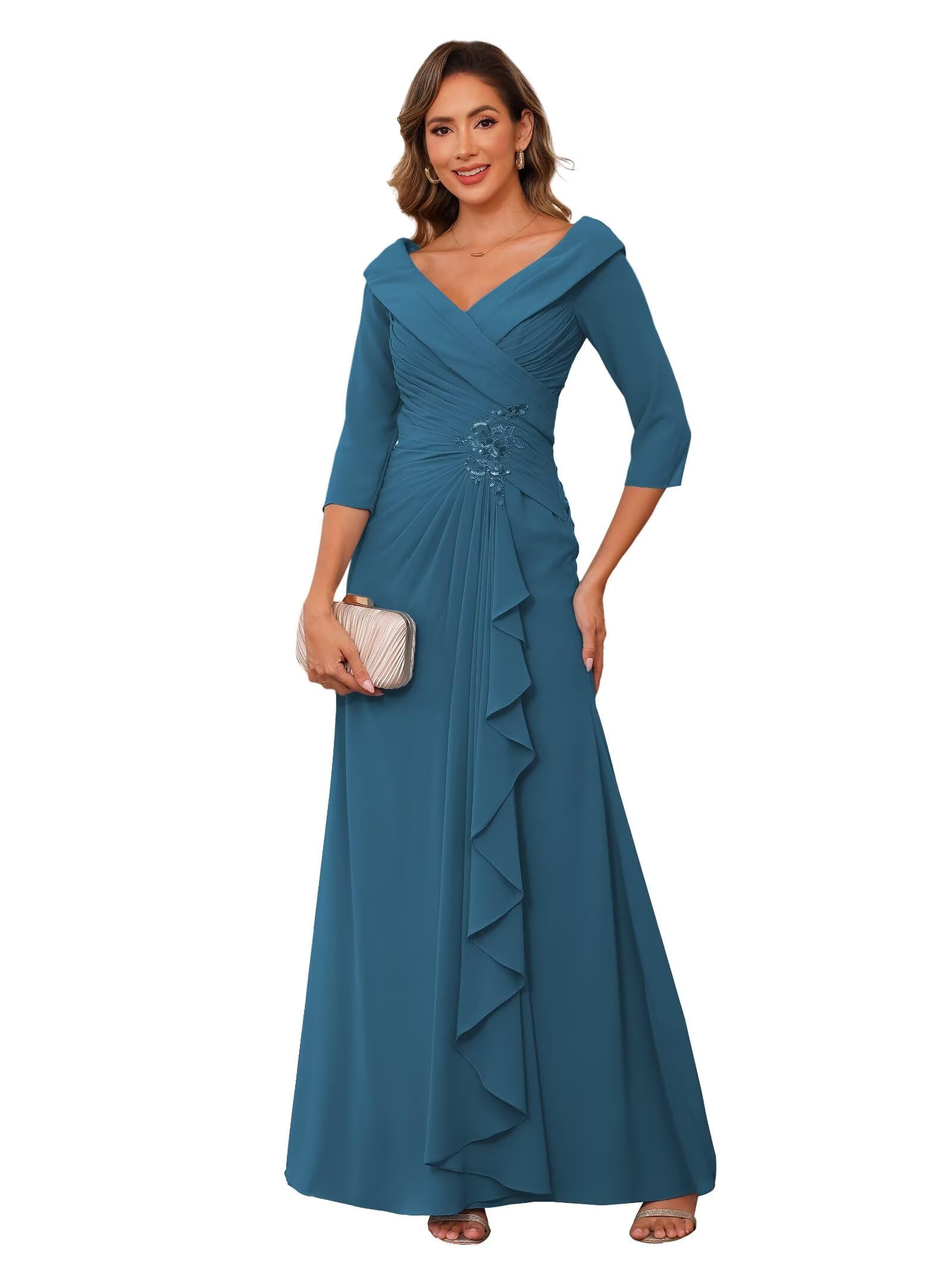 GDJDIFK V Neck 3/4 Sleeves Mother of Bride Dress - Ruched Floral Chiffon Formal Evening Gown Applique Elegant