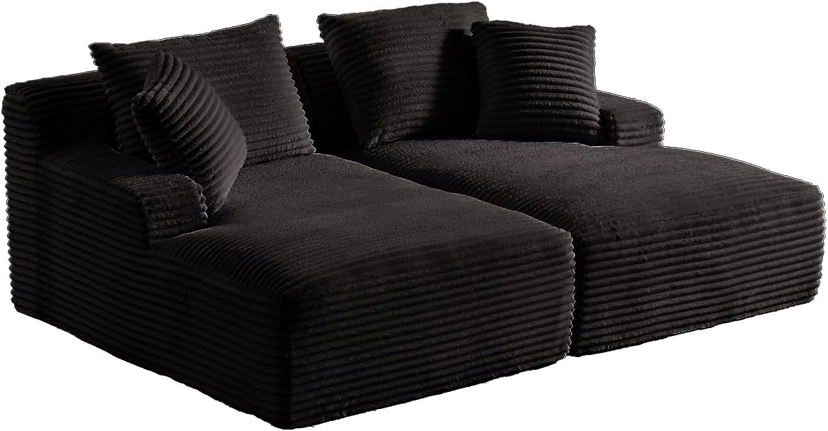 Oversized Double Chaise Lounge Chair Indoor,Wide Corduroy Boneless Chaise Lounges Sofa, Comfy Upholstered Sectional Cloud Couch, No Assembly Required Loveseat Sleeper Chair Bed for Living Room(Black)