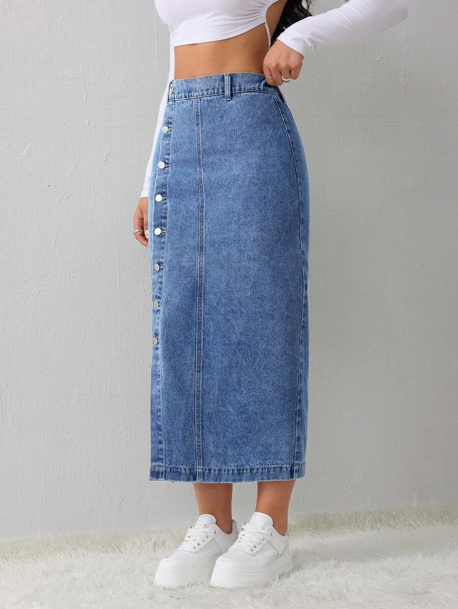 Women's Casual Slit Denim Midi Jean Skirt Stretch High Waisted Button Up Frayed with Pockets - Image 3