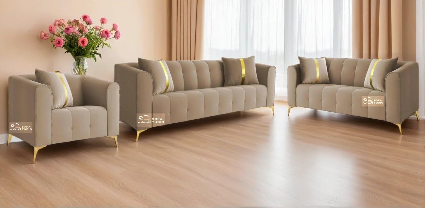 The Sofa Studio - Premium Tufted Velvet Sofa in Golden Accent Set in Golden Metal Legs Decorative Throw Pillow Sofa for Living Room, Bedroom, Hallways (Beige, 3+2+1 Seater)-image-14