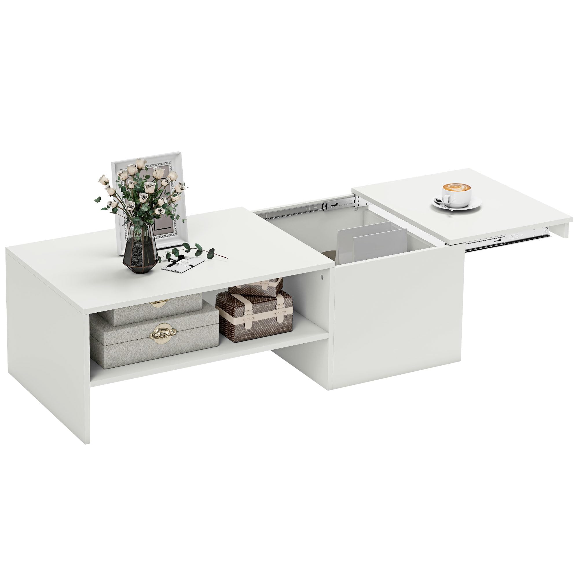 HOMCOM Mesa de Centro con Tablero Deslizante Moderna 110x52x36 cm Blanco | Mesa Baja para Salón Moderna, con Compartimento Oculto, Estante Abierto, para Comedor, Oficina