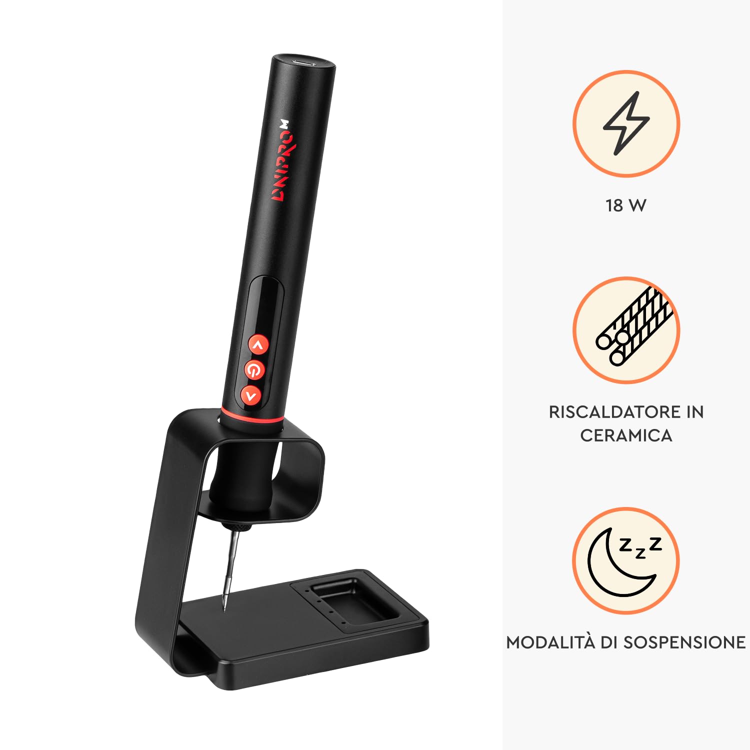 Saldatore senza fili 3,6V, Riscaldamento Rapido 30s, Display Digitale 200–450°C, Luce LED, USB-C, 18W, per Elettronica e Riparazioni di Precisione. CSI-36