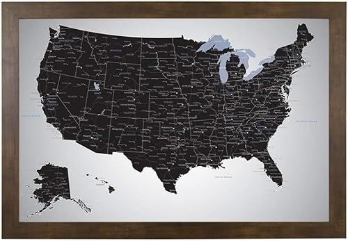 Vista 30 de Mapa de viaje personalizado de Black Ice USA con pasadores y marco gris de madera de granero de 27.5 x 39.5 pulgadas, mapea tus viajes a EE. UU Gris