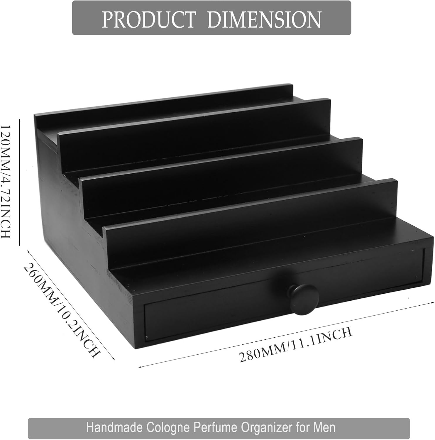 Black Cologne Organizer for Men - 4 Tier Wooden Perfume Display Stand with Drawer and Hidden Compartment for Organizing and Storing, Cologne Holder Shelf for Dresser - Image 6