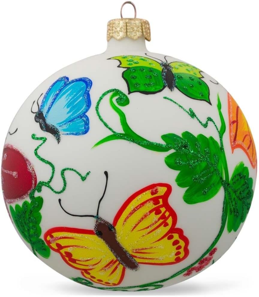 Delicate Butterflies on Glass Ball Christmas Ornament 4 Inches