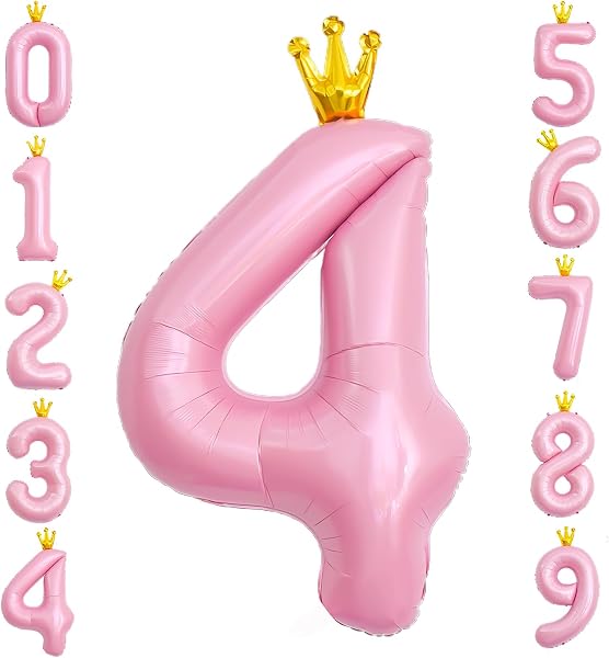 GRESATEK バルーン 数字 風船 誕生日 40インチ 大きい ナンバー4 バースデーバルーン 王冠付き クラウン 飾り付け 結婚式 パーティー 記念日 ウェディング ピンク - 1