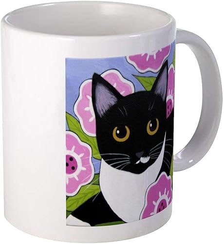 SASSY - Taza de gato de esmoquin blanco y negro  Taza de café y té de cerámica de 11 oz