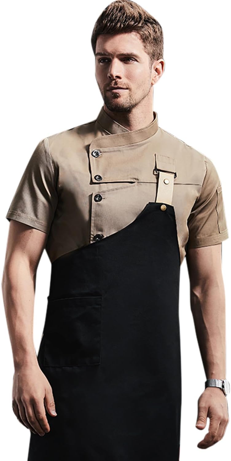 Men's Fashion Chef Coat Back Breathable Hidden Vent Chef Uniform Chef Jacket Set (Coat+Apron)