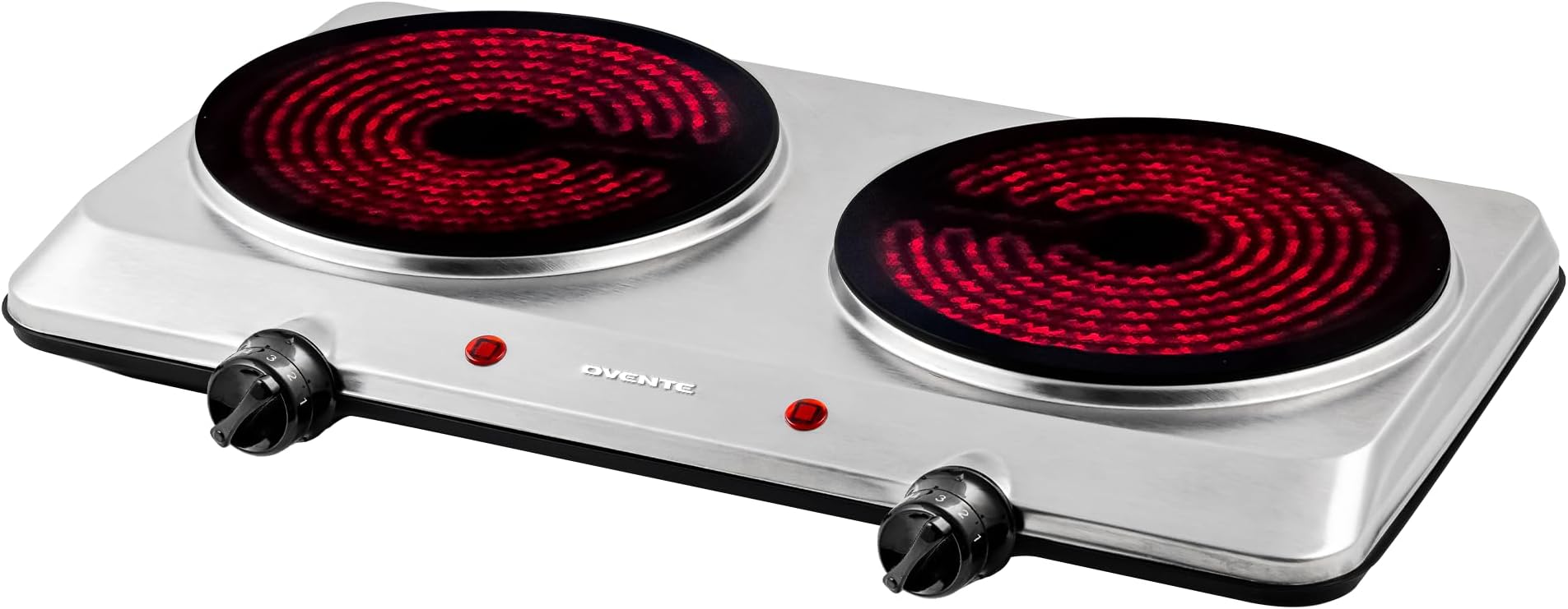OVENTE Countertop Infrared Double Burner, 1500W Electric Hot Plate and Portable Stove with 7.5” Ceramic Glass Cooktop, 6 Level Temperature Setting and Easy to Clean Base, Silver BGI202S