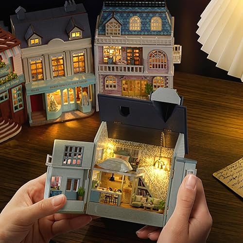 Miniatura 4 de Kit de muebles de casa de muñecas de madera en miniatura, mini casa de muñecas hecha a mano con LED, escala 124, juguetes creativos para