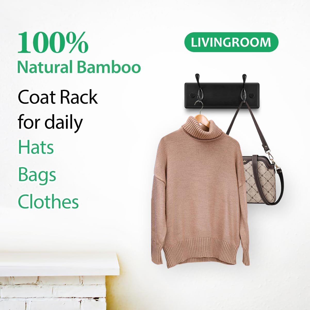 Badiano Wooden Coat Rack, Wall-Mounted Organizer for Closet, Entryway, Hallway, Foyer, Bedroom, Heavy Duty Double Hooks for Hanging Towels, Bags, Hats, Jackets, Key (Black, 2 Hooks)