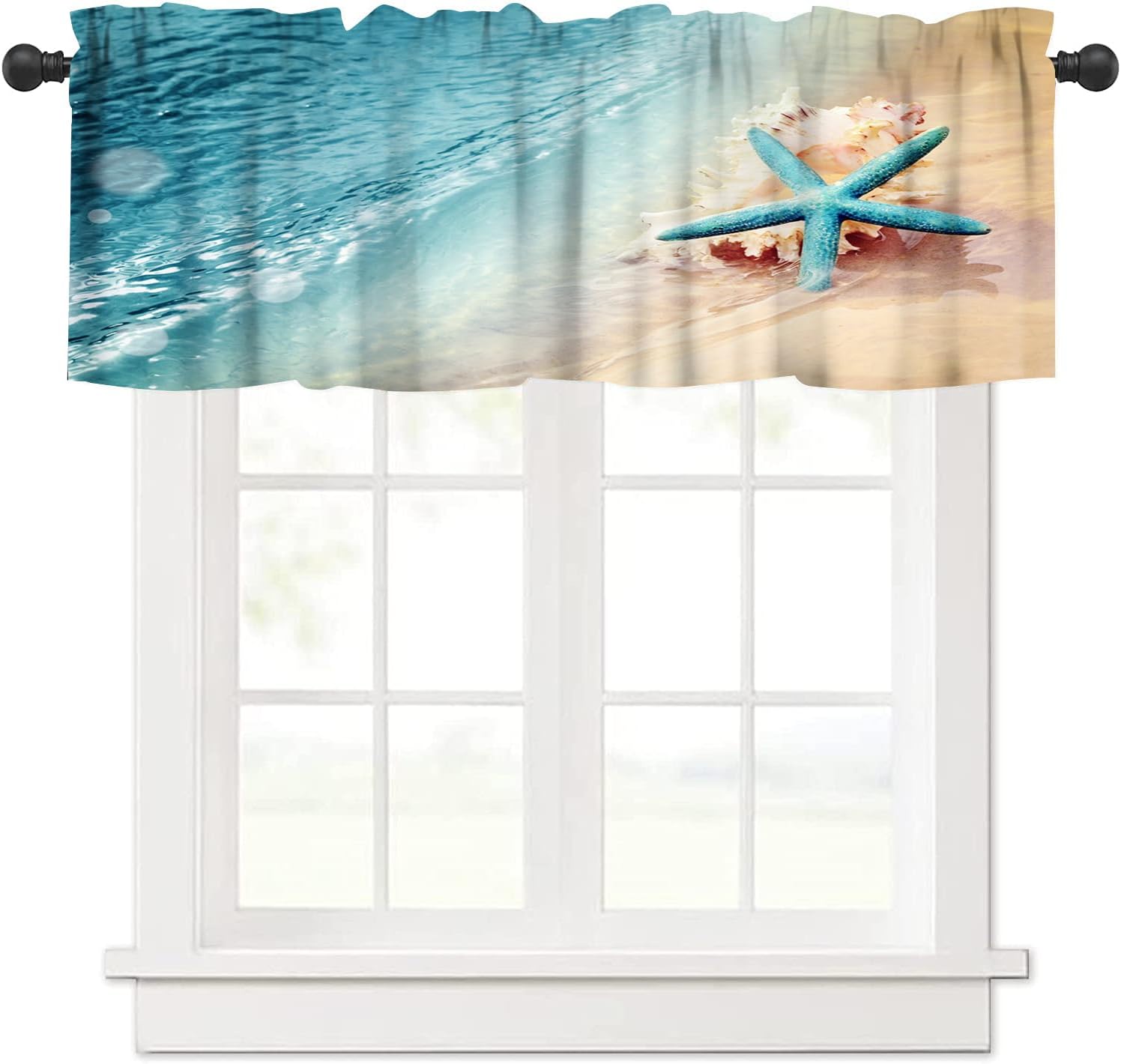 Starfish Kitchen Valance Curtain,Ocean Coastal Leisure Sunny Beach Blue Starfish Seashells Rod Pocket Window Valances Blackout Treatment Drapes for Bedroom Living Room Bathroom 54x 18 in