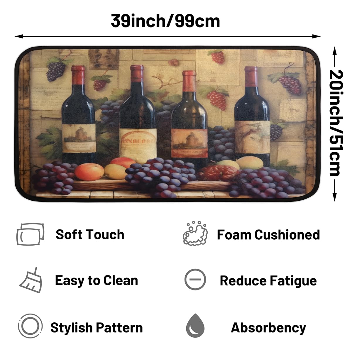 OMFUNS Wine Grapes Kitchen Mat Non Slip, Bottle Wooden Kitchen Rugs Super Absorbent Washable Floor Rugs Comfort Standing Mat for Kitchen Home Office Laundry Sink 39 X 20 Inch
