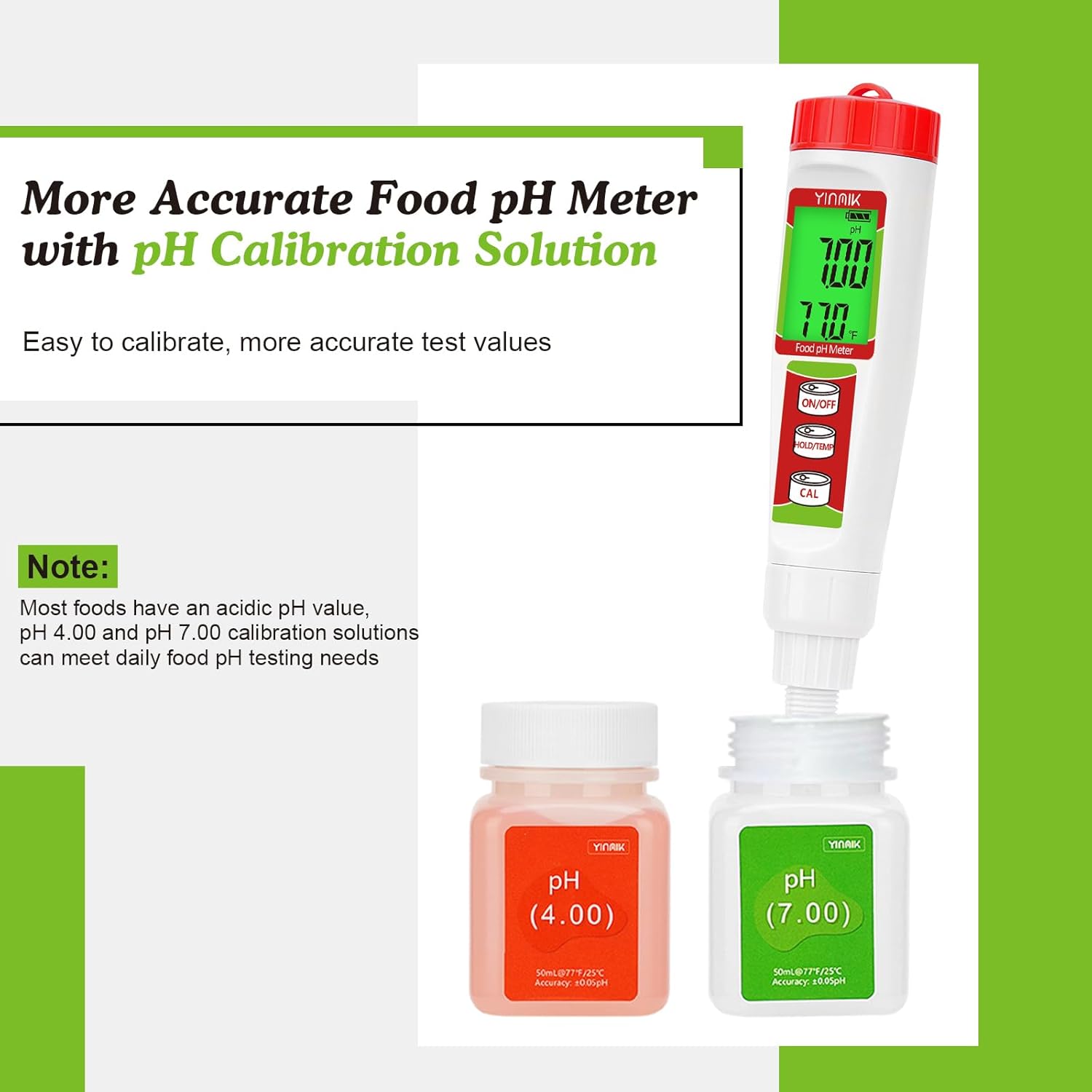 YINMIK Digital Food pH Meter calibrating with pH 4.00 and pH 7.00 solutions