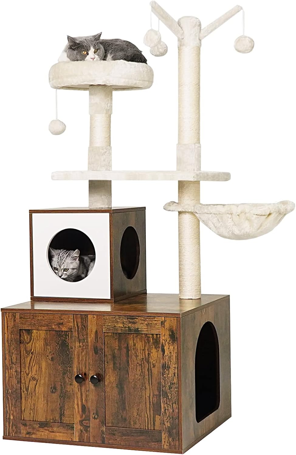 Herture Cat Tree with Litter Box Enclosure, Hidden Litter Box Furniture, Indoor Hidden Cat Washroom, All-in-One Wooden Cat House Rustic…