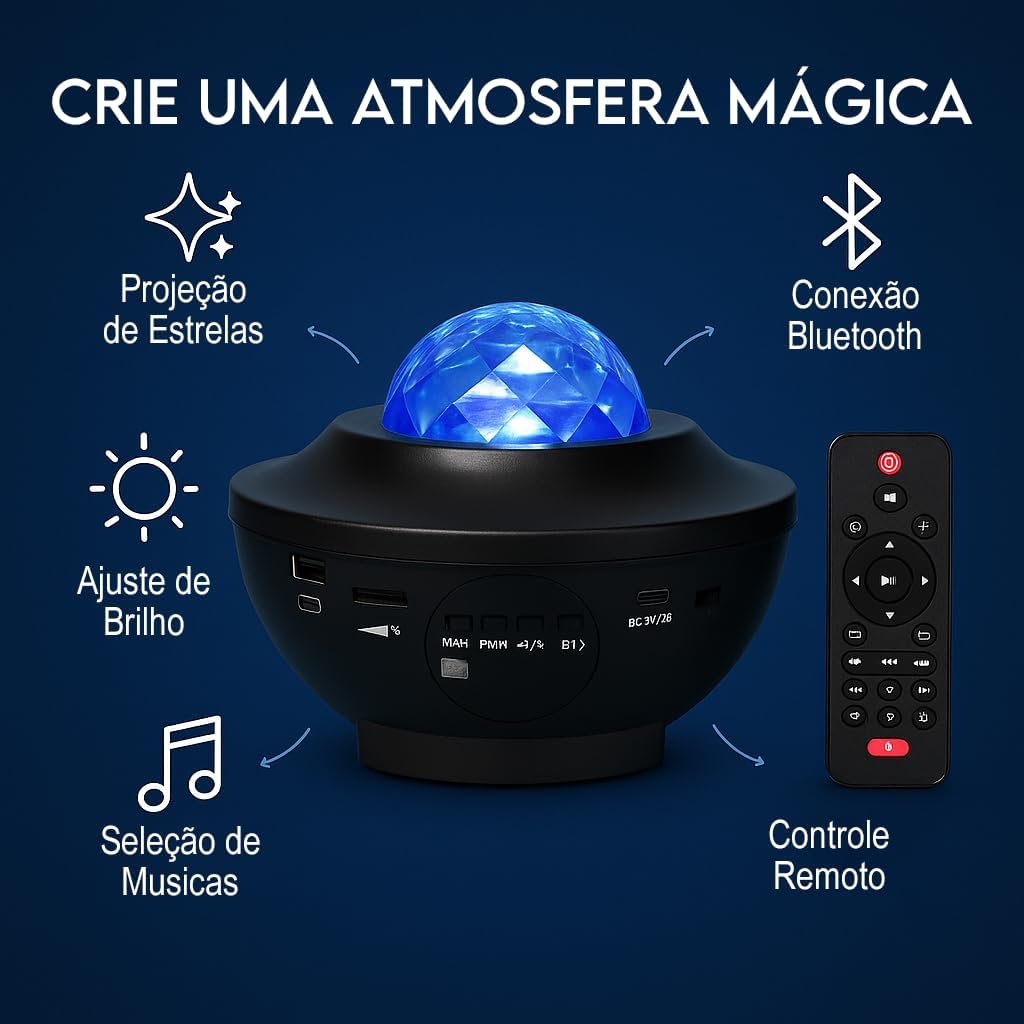 Projetor de Estrelas Galáxia LED RGB com Música Bluetooth e Controle Remoto – Luminária Noturna Giratória para Quarto e Decoração Infantil